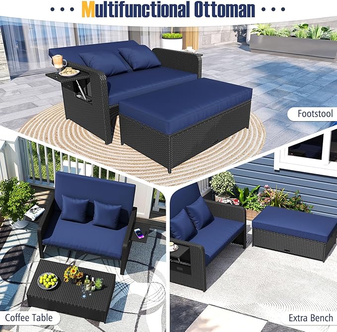 RELAX4LIFE Wicker Patio Outdoor Daybed - Rattan Day Bed Lounger w/Loveseat & Storage Ottoman, Sunbed Sofa Set w/Cushions, 4-Level Adjustable Backrest & 2 Retractable Trays, Patio Daybed (Navy-Black)