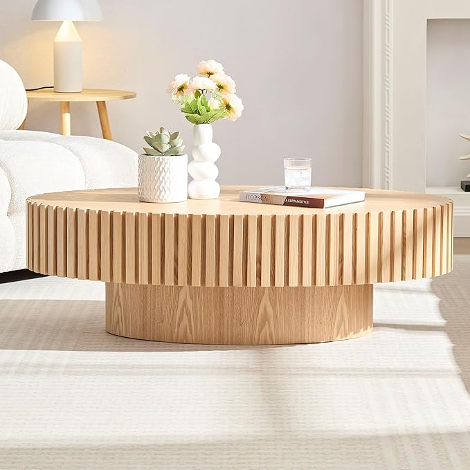 43.7'' Oval Wood Coffee Table,Modern Handcraft Drum Coffee Table for Living Room, Small Center Table with Sturdy Pedestal(Oak, L43.7 x W24.8 x H13.38)