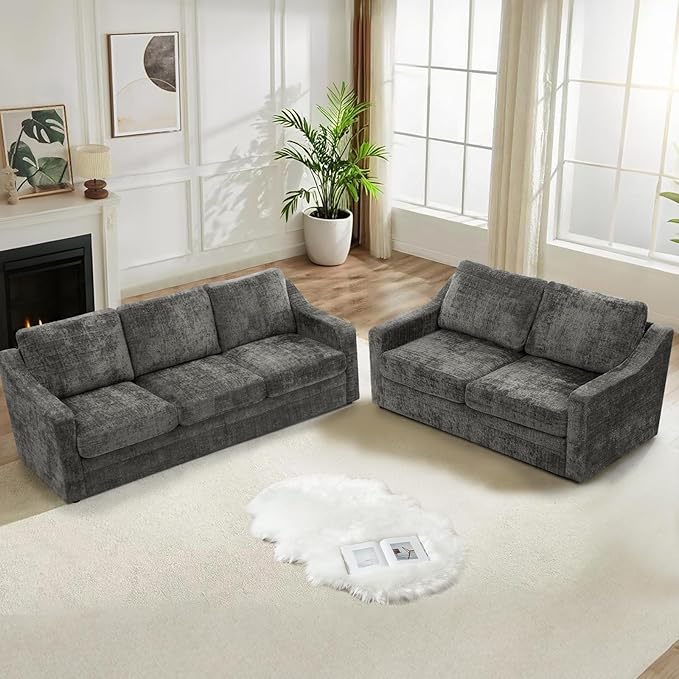ACMEASE 2 Pieces Chenille Sofa Sets w/Comfortable Back Cushions, Modern Loveseat & Sofa w/Deep Seat Space, Upholstered 2 Seat & 3 Seats Couch Sets w/High Resiliency Foam for Living Room, Office Grey