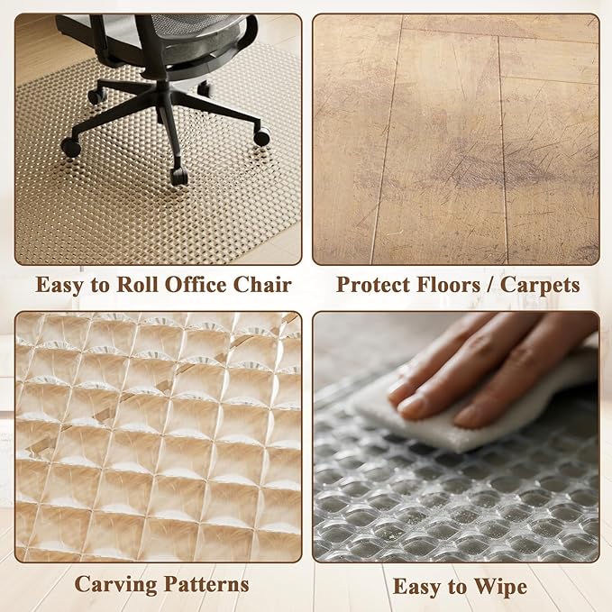 VETROUVE Flower Chair Mat for Carpet 46" x 55" Tempered Glass Floor Mat on Carpet or Hard Floor with 4 Anti-Slip Pads, 1/5" Thick