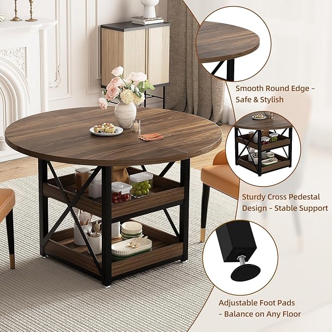 Round Dining Table with Storage for 4, Modern Kitchen Table for Small Space, Space Saving Dining Table for Dining Room, Apartment, or Breakfast Nook (Boxwood Color- Table Only)
