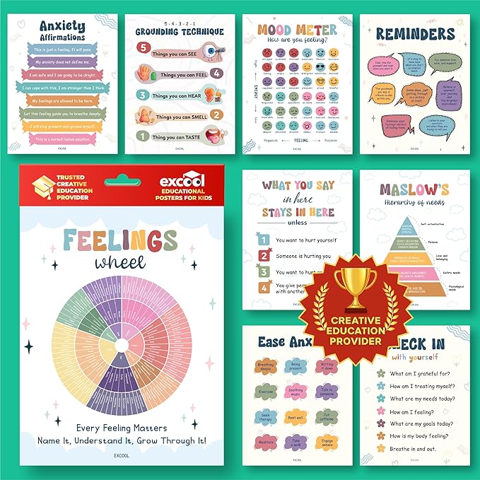 EXCOOL CLUB 9 Pcs Mental Health Posters For Classroom Decor - 11x14 Therapy Wall Decor Feeling Wheel Poster, Emotions Chart Inspirational Wall Art For Kids, School Counselor Office Must Haves