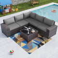 Kullavik Outdoor Patio Furniture Set 6 Pieces Sectional Rattan Sofa Set Brown PE Rattan Wicker Patio Conversation Set with 5 Seat Cushions and 1 Tempered Glass Table,Grey