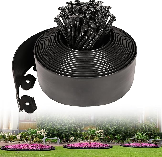 Hemikaki 4 Inch Tall Garden Edging Border 33FT with 45pcs Spikes, Plastic Edging Border for Landscaping, Lawn, Garden, Flower Beds, Paver, Pathway