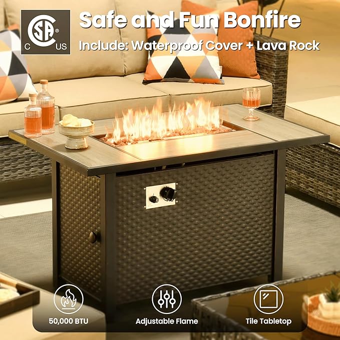 ovios 7 Pieces Patio Furniture Set, Outdoor Wicker Sofa Couch with Rocking Swivel Chairs Fire Pit Table, Modern Deep Seat Rattan Conversation Sets for Deck Porch, Beige