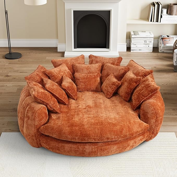 81" Oversized Bean Bag Chair Boneless Round Chaise Lounge Comfy Chenille Reading Chair Fluffy Plush Sofa Bed Large Deep Seat Circle Cloud Couch for Living Room, Bedroom, Apartment, Orange