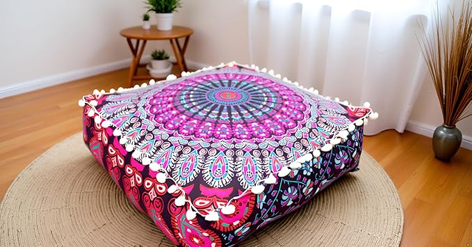 CRAFT KALA Pink Peacock Large Hippie Mandala Meditation Floor Ottoman Pillow Cushion Pouf Cover Square Poufs Bohemian Circle Floor Cushion Case Outdoor Fireplace Living Room Decor Cover 18" Square