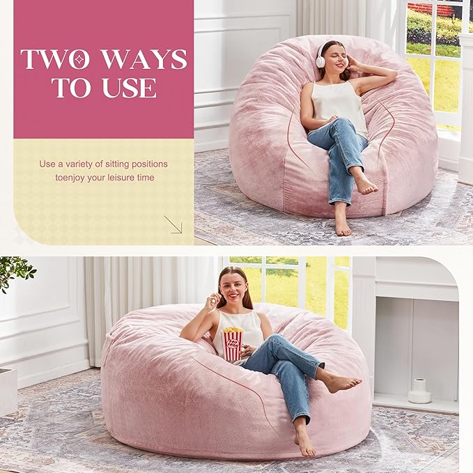 Hobestluk Bean Bag Chairs Giant Beanbag Chair with Filler, Memory Foam Bean Bags with Fluffy & Machine Washable Cover, Bean Bag Chairs for Aduts for Living Room, Bedroom (Pink, 5FT - 50” x 50” x 24”)
