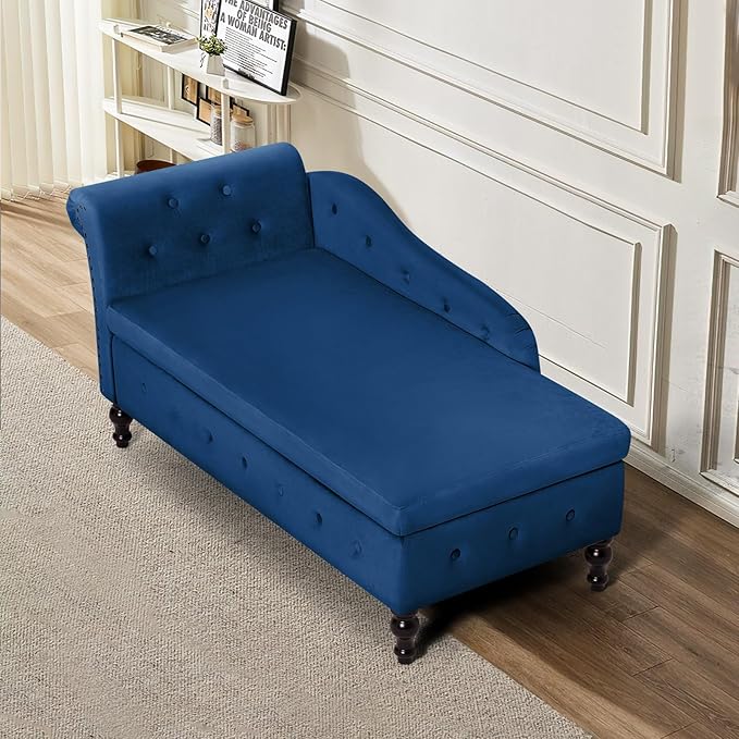 ACMEASE Upholstered Velvet Chaise Lounge with Left Armrest & Storage Space,Button Tufted Lounge Chair w/Lumbar Pillow,Modern Lounge Chair for Bedroom, Living Room and Office,Blue