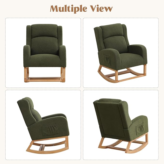 HCHAIRH Rocking Chair Nursery, Nursing Rocking Chairs for Mom Nursery, Comfy Wingback Teddy Glider Rocking Armchair with Foot Rest and Side Pocket for Nursery Living Room Bedroom, Green