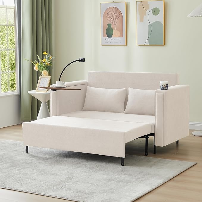 ORRD Pull Out Sofa Bed, 2-in-1 Multi-Functional Sleeper Couch Small Loveseat Bed with Hidden Side Table, Phone Holder and Cup Holder for Living Room, Small Space, Apartment (White)