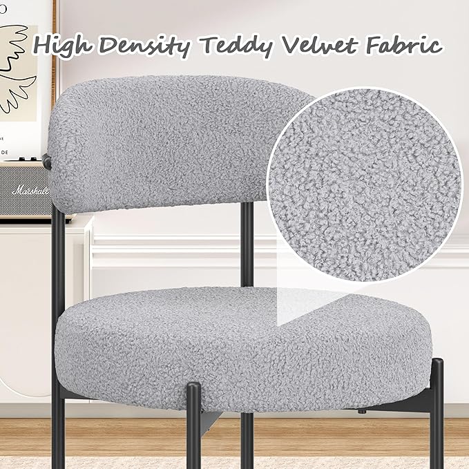 Farini Dining Chairs Set of 4,Mid-Century Modern Kitchen Chair Curved Backrest Round Upholstered Sherpa Dining Chairs with Metal Legs,Grey