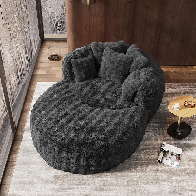 Oversized Chaise Lounge Chair Indoor with Ottoman 55" W x 75" L Round Reading Chair Plush Faux Fur Corduroy Cloud Circle Boneless Chair with 5 Pillows for Living Room - Grey