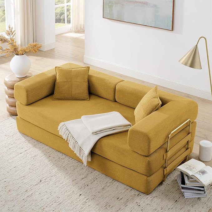 Antetek Convertible Futon Sofa Bed, 3-Seater Modern Corduroy Foam Floor King Size Bed Foldable Sleeper Lounge Loveseat Sofa Couch with 2 Throw Pillows for Living Room Bedroom Guest Room, Yellow