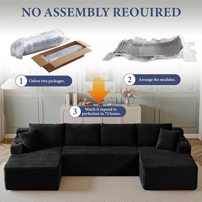 133" Sectional Couches for Living Room Cloud Couch Sofa with L-Shape Upholstered Boneless Couchs Modern Modular Sectional Couch with Chaise (Black, 133" W+U Facing Chaise)