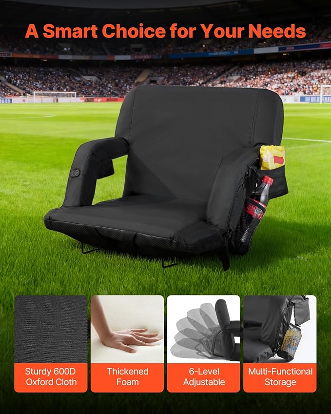 VEVOR Stadium Seat, 25 inch Heated Stadium Chair, Bleacher Seat Heated with 4 Pockets for Bleachers, 3 Level Heating & 6 Modes Vibration Portable Heating Stadiums Chair for Camping, Sports Events