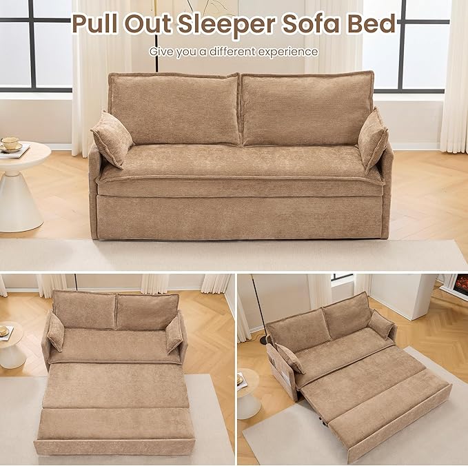 GRAINLLE Pull Out Couch,Loveseat Convertible Sleeper Sofa Bed with USB,Pull Out Sofa Bed Side Storage,2 Pillows,Corduroy Sleeper Couch for Living Room,Bedroom,Apartment,Pet-Friendly (Khaki, 59.5'')