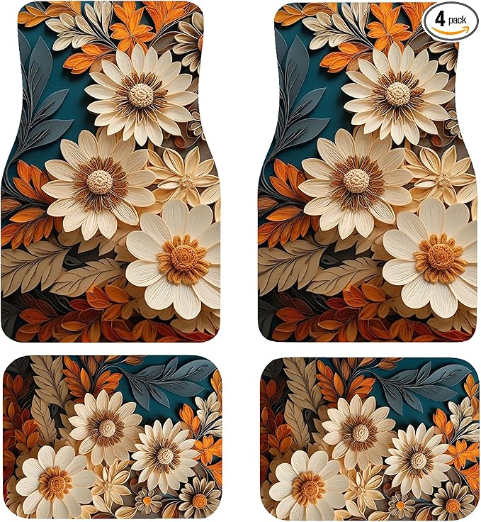 Artistic Fabric Car Floor Mats-Non-Slip Rubber Backing,Flower,Front (26.8x17.3in) & Rear (13x17.3in) Set-Water Absorbing, Durable Automotive Floor Liners with Stylish Patterns