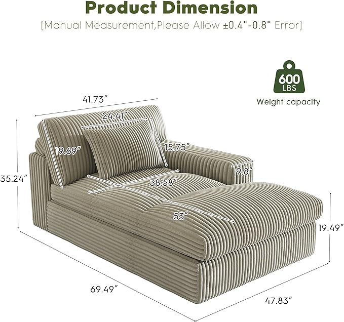 Oversized Chaise Lounge Sofa Chair Indoor，Soft Corduroy Fabric, Boneless sofawith Cushion，A Comfortable, deep-Seated Cloud Sofa for use in The Living Room.(Singler-Right-arm-Gray)