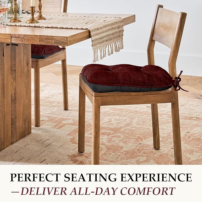 HARBOREST Chair Cushions for Dining Chairs Set of 4 - Chenille Tufted Kitchen Chair Cushions with Ties and Non-Slip Bottom, Foam Chair Pads for Dining Chairs, 17" x 17", Burgundy