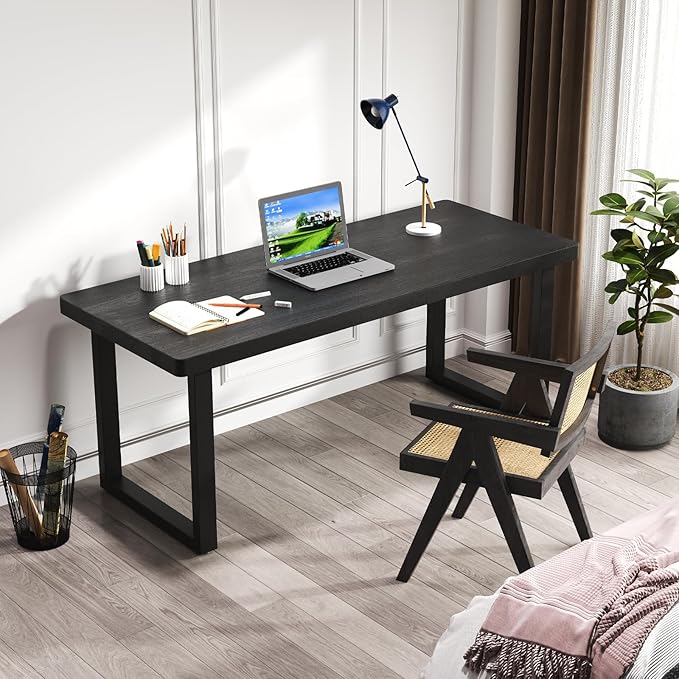 62.99in Solid Wood Computer Desk with Sturdy Metal Base - Stylish & Durable Black Office/Study Desk | Multiple Sizes for Home Office Workspace & Study Area