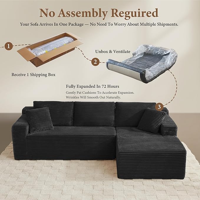 105" Sectional Couches for Living Room Cloud Couch Sofa with L-Shape Upholstered Boneless Couchs Modern Modular Sectional Couch with Chaise (Black, 105" W+Right Facing Chaise+2Seaters)