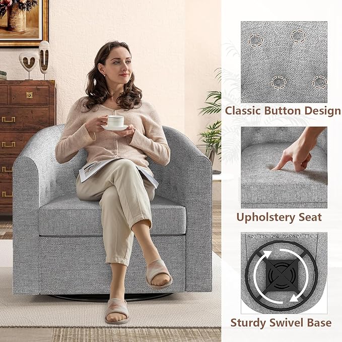 Simore Swivel Accent Chair for Living Room, Comfy Fabric Round Swivel Barrel Chair for Nursery Office Bedroom, Gray