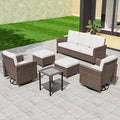 COOS BAY Harbor Retreat 6 Piece Outdoor Furniture Set, Patio Conversation Set with Swivel Rocking Chairs, 3 Seat Couch, Side Table and Ottomans, Wicker Furniture, Brown/Beige