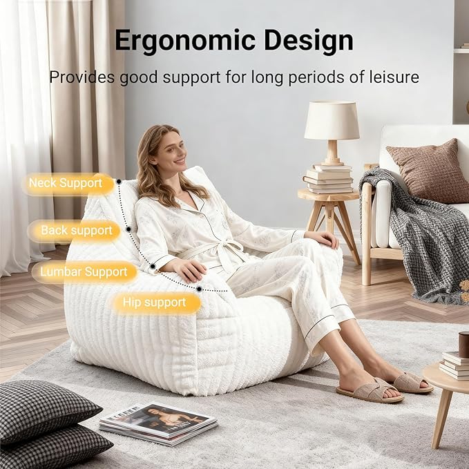Fuzzy Bean Bag Chairs for Adults with Armrests & Back Support, Oversized Fireside Chair Alternative, Plush Floor Sofa Bed for Living Room, Bedroom, Dorm, Lounge, Gaming White