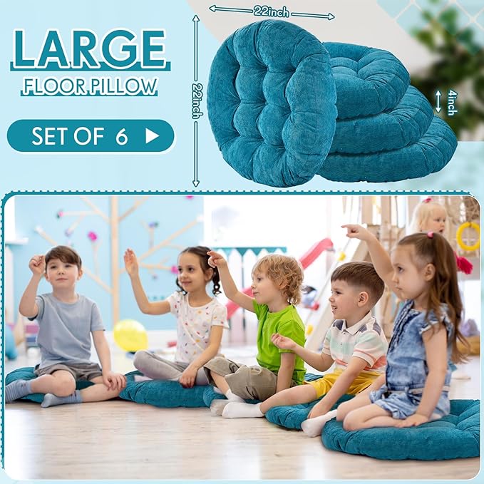 Jerify Floor Pillow Cushions 22 x 22 Inch Round Square Large Meditation Floor Pillow for Classroom Adult Meditation Picnic Party Cushion for Seating Gift Christmas(Round,Aquamarine,6 Pcs)