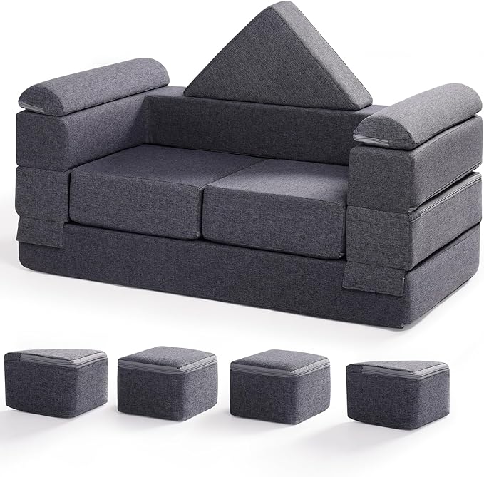 ROBUD Kids Couch, Gray Modular Kids Play Couch, DIY-Style & Washable Toddler Sofa for Playroom, Bedroom, Nursery, WG412