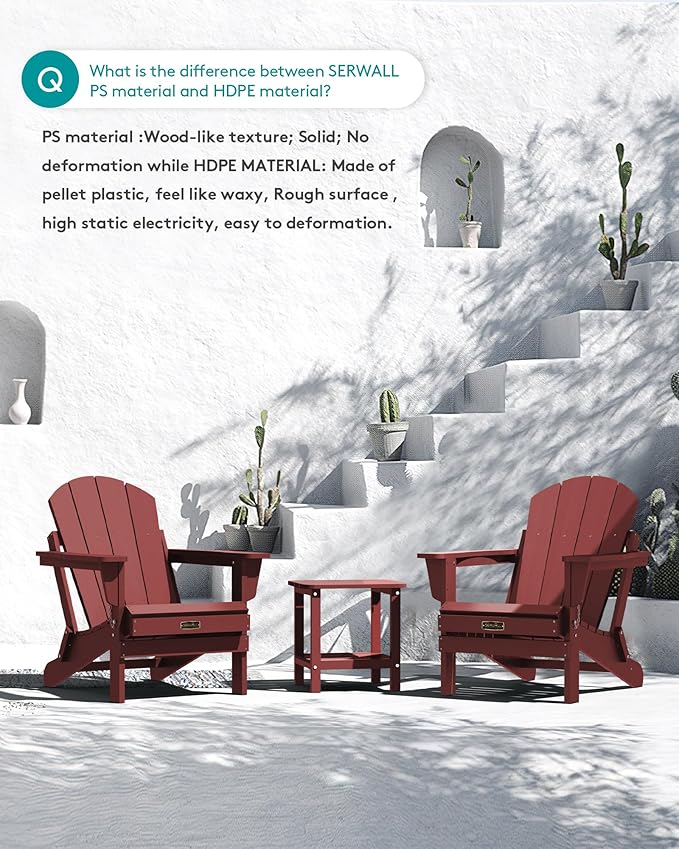 SERWALL Foldable Adirondack Chair Set of 2 for Patio Garden Outdoors Fire Pit Chairs- Red