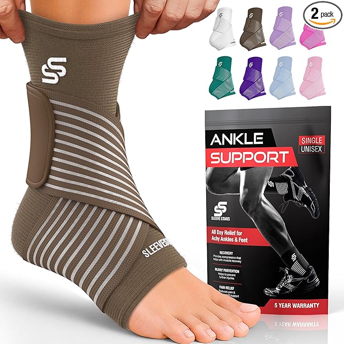 Sleeve Stars Ankle Brace for Women & Men, Ankle Wrap for Sprain, Compression Sleeve for Plantar Fasciitis Relief, Easy Customizable Support: w/ Removable Strap (Pair/M:10"-12"/Mocha Brown)