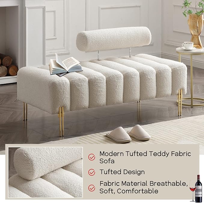 NIOIIKIT 53.2" Modern Loveseat Sofa Couch, Upholstered Accent Sofa with Golden Legs and Adjustable Backrest, Small Teddy Fleece Couches for Bedroom, Living Room, Compact Small Space (Beige)