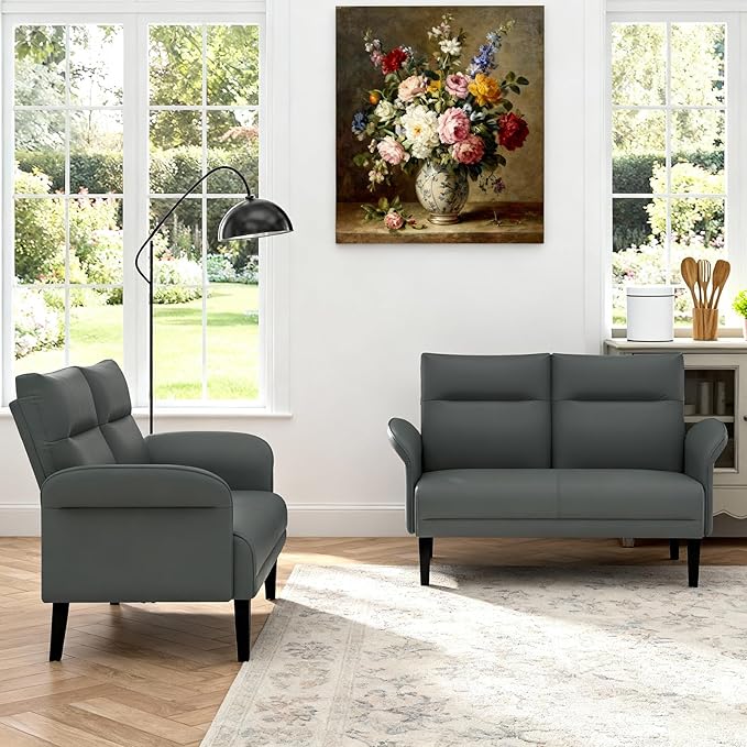 Faux Leather Loveseat with Wide Armrests, Symmetrical Shawl Arm 2-Seater Sofa, Upholstered Modern Loveseat with Wooden Legs for Small Living Room, Apartment, Gray