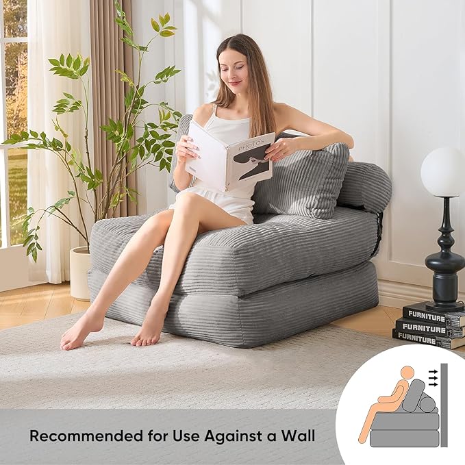 Waxberry Folding Sofa Bed, Convertible Sleeper Chair Couch Bed, Corduroy Upholstered Boneless Sofa for Living Room Bedroom, with Back Support Floor Couch, Dark Grey