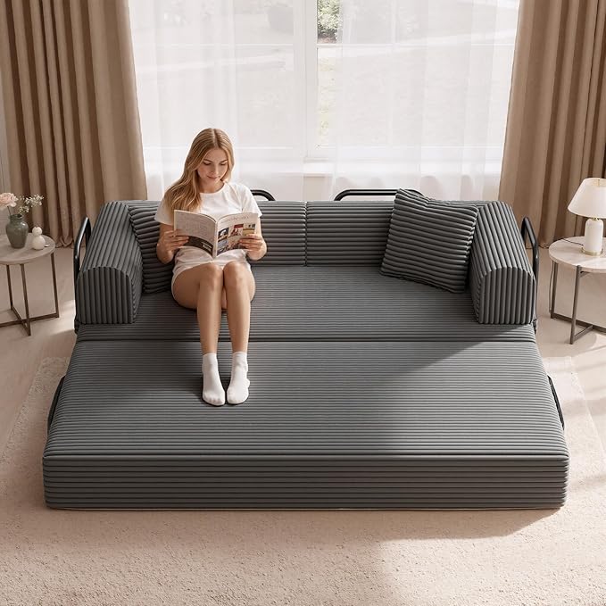 Convertible Coarser Corduroy Sleeper Sofa Bed with Cylindrical Pillow, Folding Mattress Couch with Fixed-Shape Frame, Floor Sofa Lounge Couch for Living Room Bedroom Lounge Studio, Dark Grey