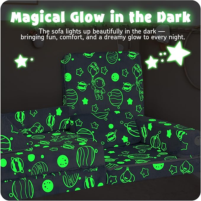 MeMoreCool Kids Modular Couch – 10-Piece Set, Fold-Out Sofa for Boys & Girls, Glow-in-The-Dark Space Theme Convertible Fort Builder | Washable Cover | Ideal for Playroom, Bedroom