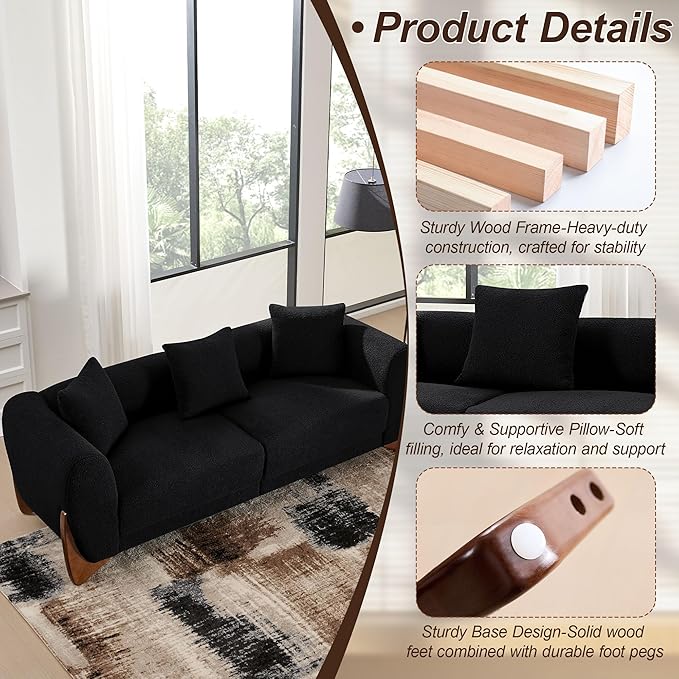 87" Sherpa Boucle Cloud Couch Modern 3 Seater Sofa with Solid Wood Legs, 25" Extra Deep Seat, Comfy Thick Cushion Upholstered Sofa Couches with 3 Pillows for Living Room, Black