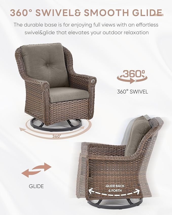 ACTREST Outdoor Patio Swivel Gliders with Fire Pit Table 5 Piece Set - High Back Brown Wicker Rattan Rocking Chair with Thick Cushion for Porch Apartment Deck Yard Poolside Garden - Grey