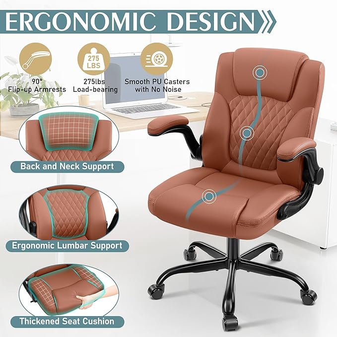 Leather Office Chair, PU Home Computer Desk Chairs with Ergonomic Back Support, 360°Swivel Free, Small Gaming Chair with Wheels and Adjustable Armrests, for Short People Use