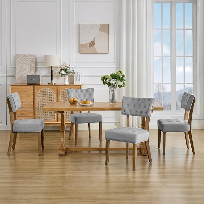 UVV Upholstered Dining Chairs Set of 4, Mid Century Modern Tufted Kitchen Chairs Dining Room Chairs, Velvet Dinner Chair with Wood Legs for Dining Room Kitchen, Light Grey