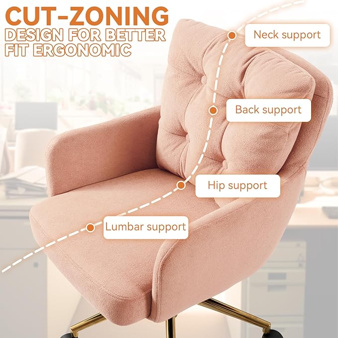 BALIAA Flannel Office Chair, Comfy Home Office Desk Chairs with Lumbar Support, Modern Velvet Desk Chair Gold Legs Small Swivel Task Chair for Home Office, Bedroom, Study (Pink, L)