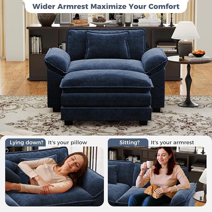 CDCASA 50'' Oversized Chair with Movable Ottoman, Chenille Comfy Cloud Sofa Accent Chair w/Large Seat and Armrests, Modern Extra Wide Armchair Reading Chairs for Living Room, Blue