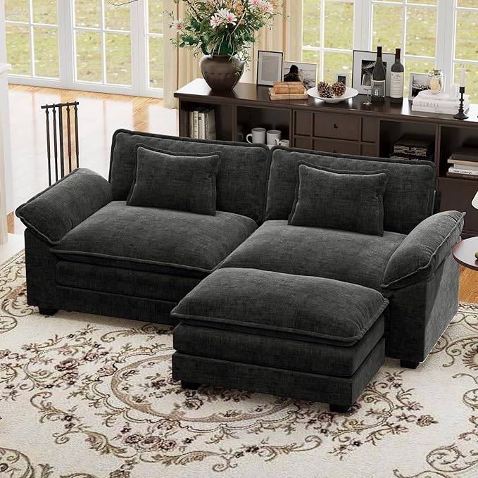 CDCASA 86" Modular Sectional Sofa, Comfy L-Shaped Cloud Couch with Movable Ottoman, 3-Seater Chenille Deep Seat Modern Sofa Couch for Living Room, DIY Combination, Black