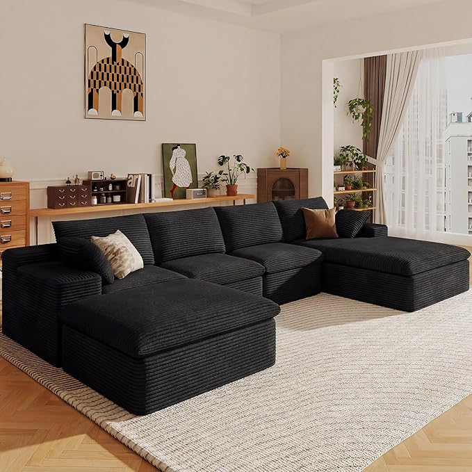 136" Cloud Sectional Couch with U-Shaped Chaise,Corduroy Viral Boneless Sofa with Ottoman,Memory Foam Couches in a Box with Deep Seat for Living Room,No Assembly Required (Black,Right-Facing Chaise)