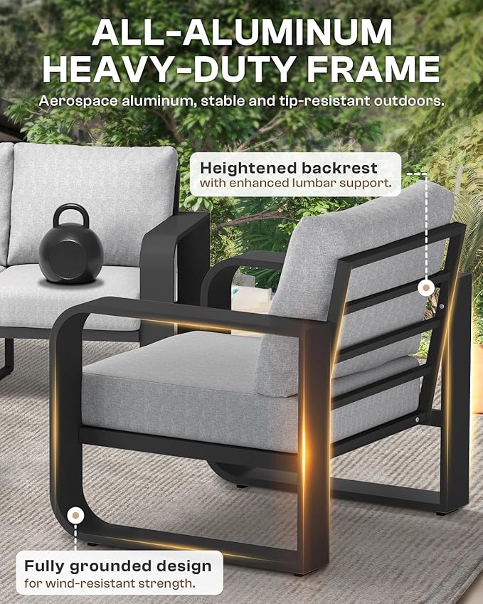 Aluminum Outdoor Patio Furniture Set, 4 Piece Oversized Patio Conversation Sets Widened Armrest & Ultra-Thick Cushions, Heavy Duty Modern Sectional Furniture for Backyard, Deck, Gray