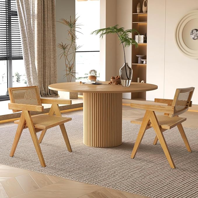 Cane Dining Room Chairs Set of 6, Modern Wood Kitchen Chairs with Arms, Light Malnut
