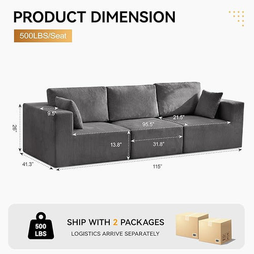 115'' Comfy Boneless Couch, Upholstered Deep Seat Modular Cloud Sofa, No Assembly Corduroy Compression 3 Seater Sofa Couch for Living Room, Grey