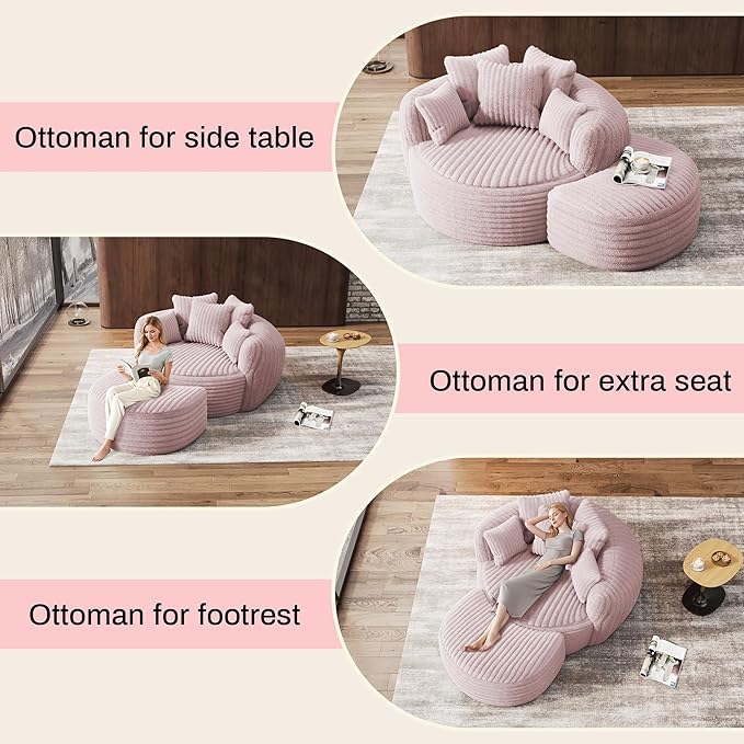 Oversized Chaise Lounge Chair Indoor with Ottoman 50.5" W x 67.0" D Round Soft Corduroy Comfy Oversized Reading Chair with 5 Pillows for Living, Reading Room - Pink